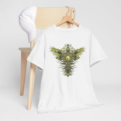 Stylish white t-shirt displayed on a wooden hanger next to a cap, adorned with a captivating ornate cross and elegant wings design, reflecting an upscale casual ensemble.