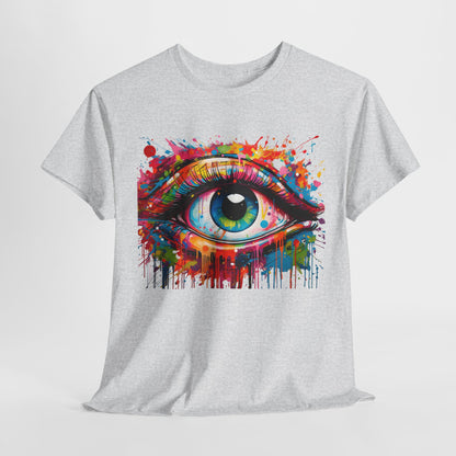 Draped grey graphic tee with a striking multicolour eye print, embodying style and creativity, suitable for casual wear and artistic occasions.