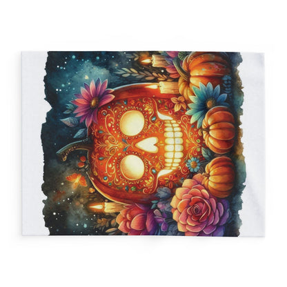 Refined Decorative and Warm Halloween Spooky Arctic Fleece Blanket highlighting a stunning orange skull decorated with floral motifs and pumpkins, an exquisite addition to your Halloween festivities.