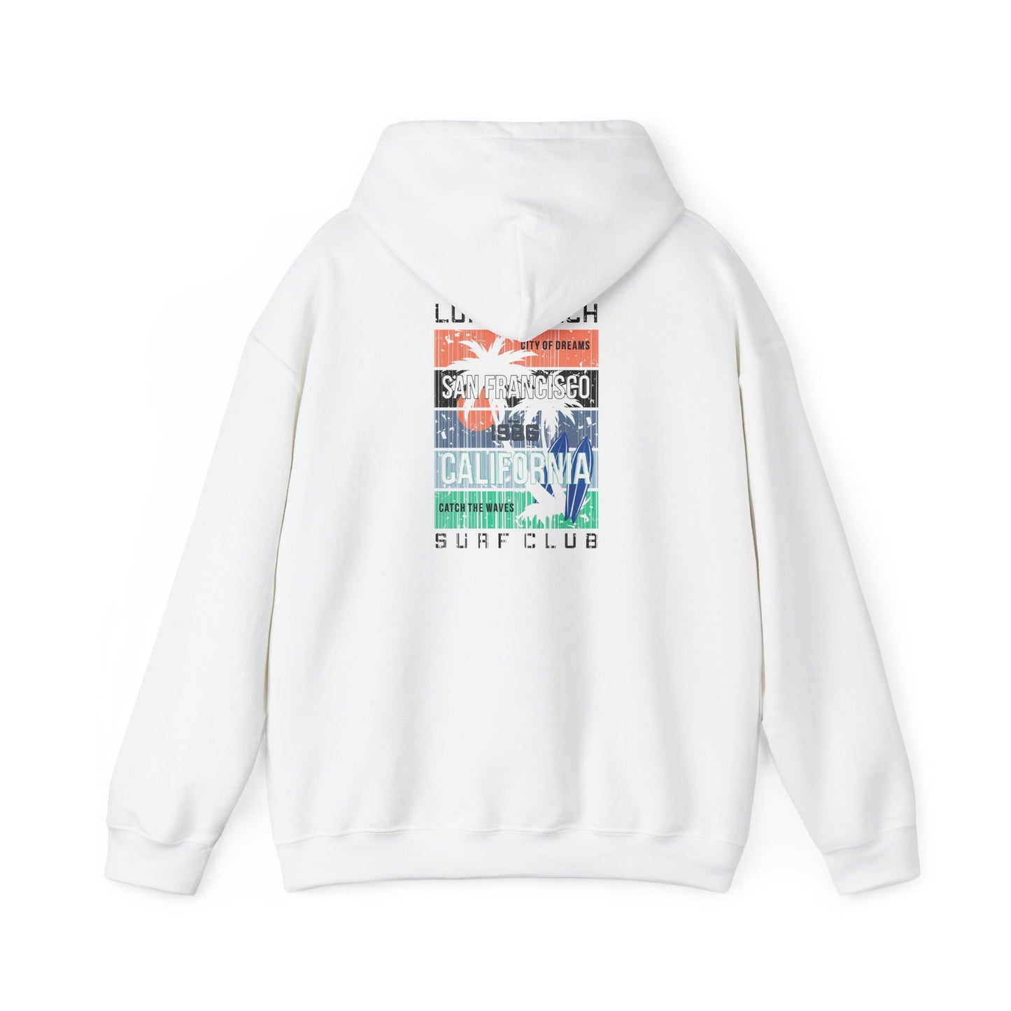 Urban Vibes Back Print Hoodie featuring a vibrant San Francisco surf design, showcasing a chic vertical graphic with California-themed motifs in coral, navy, and teal tones.