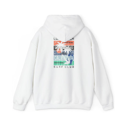 Urban Vibes Back Print Hoodie featuring a vibrant San Francisco surf design, showcasing a chic vertical graphic with California-themed motifs in coral, navy, and teal tones.