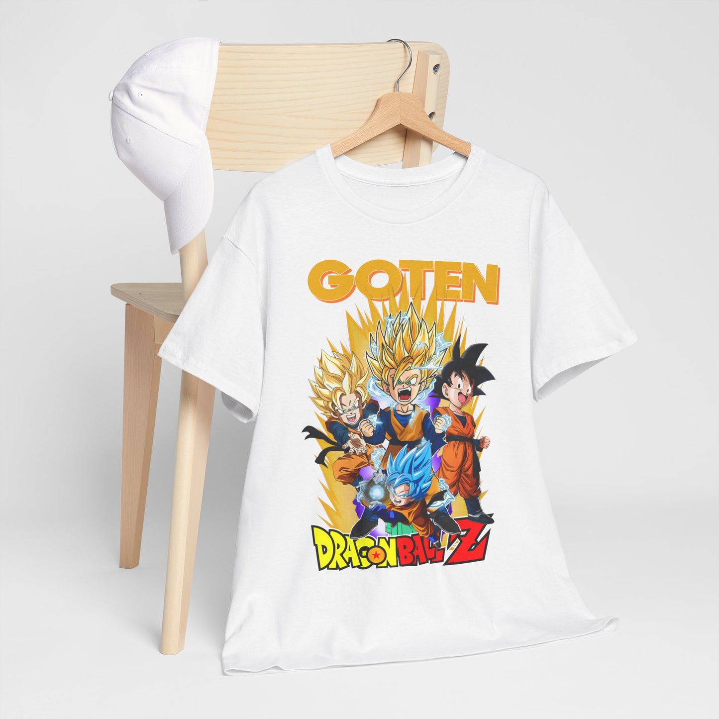 Chic GOTEN Dragon Ball Z T-shirt styled with a cap and hanging on a wooden chair, representing modern casual fashion with anime flair.