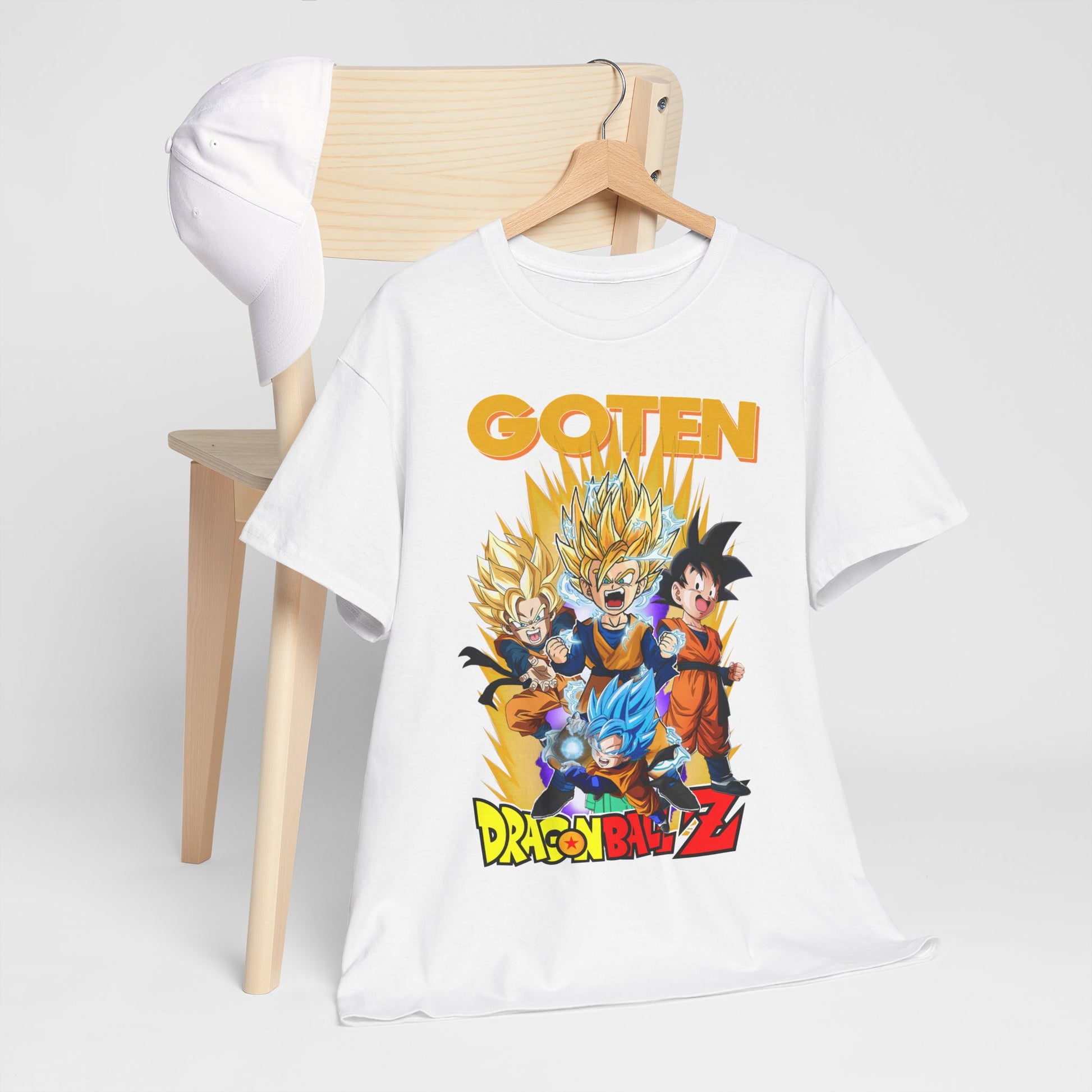 Chic GOTEN Dragon Ball Z T-shirt styled with a cap and hanging on a wooden chair, representing modern casual fashion with anime flair.