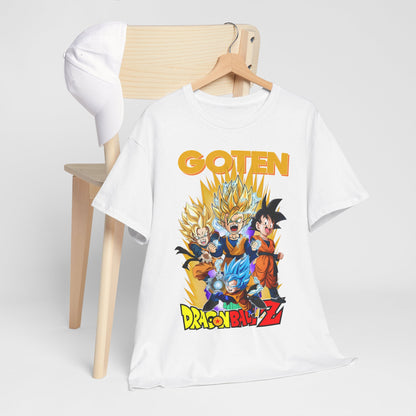 Chic GOTEN Dragon Ball Z T-shirt styled with a cap and hanging on a wooden chair, representing modern casual fashion with anime flair.