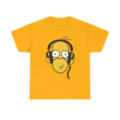 Luxury unisex cotton t-shirt featuring a vibrant graphic of Homer Simpson wearing headphones, titled 'Hear the Hilarity Homer Simpson Headphones Tee'. Perfect for fans seeking playful style.