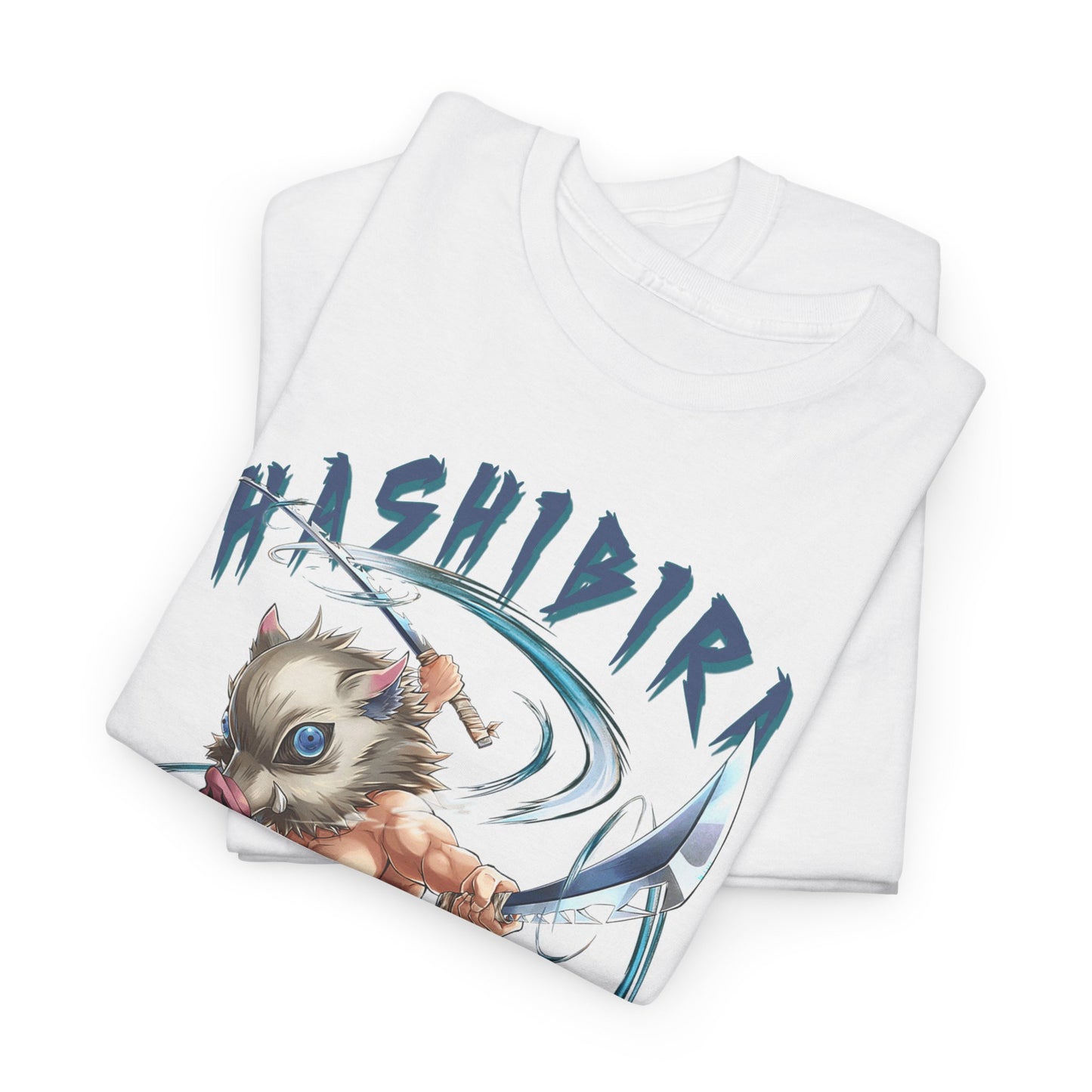 Folded Hashibira Inosuke anime-inspired graphic t-shirts, showcasing vibrant artwork and premium fabric quality, perfect for stylish anime fashion collection.