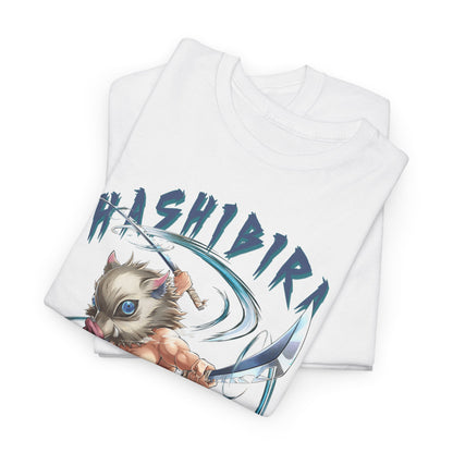 Folded Hashibira Inosuke anime-inspired graphic t-shirts, showcasing vibrant artwork and premium fabric quality, perfect for stylish anime fashion collection.