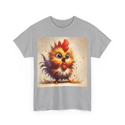 Chic front view of the Explosive Joy Tee - Cartoon Bird Edition adorned with a playful cartoon bird design on a stylish grey background.