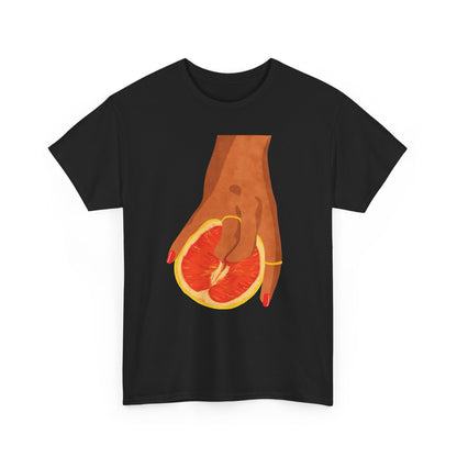 Vibrant Grapefruit Women's Graphic T-Shirt in sleek black showcasing a captivating design of a hand gently cradling a vibrant grapefruit slice, reflecting luxury and artistic flair.