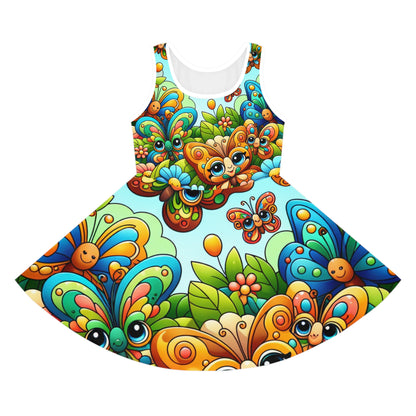 Lilly Buttonwood Girls' Butterfly Sundress by Dazzling Dreams Studio, showcasing vibrant cartoon-style butterfly print on a delightful A-line dress for young girls.