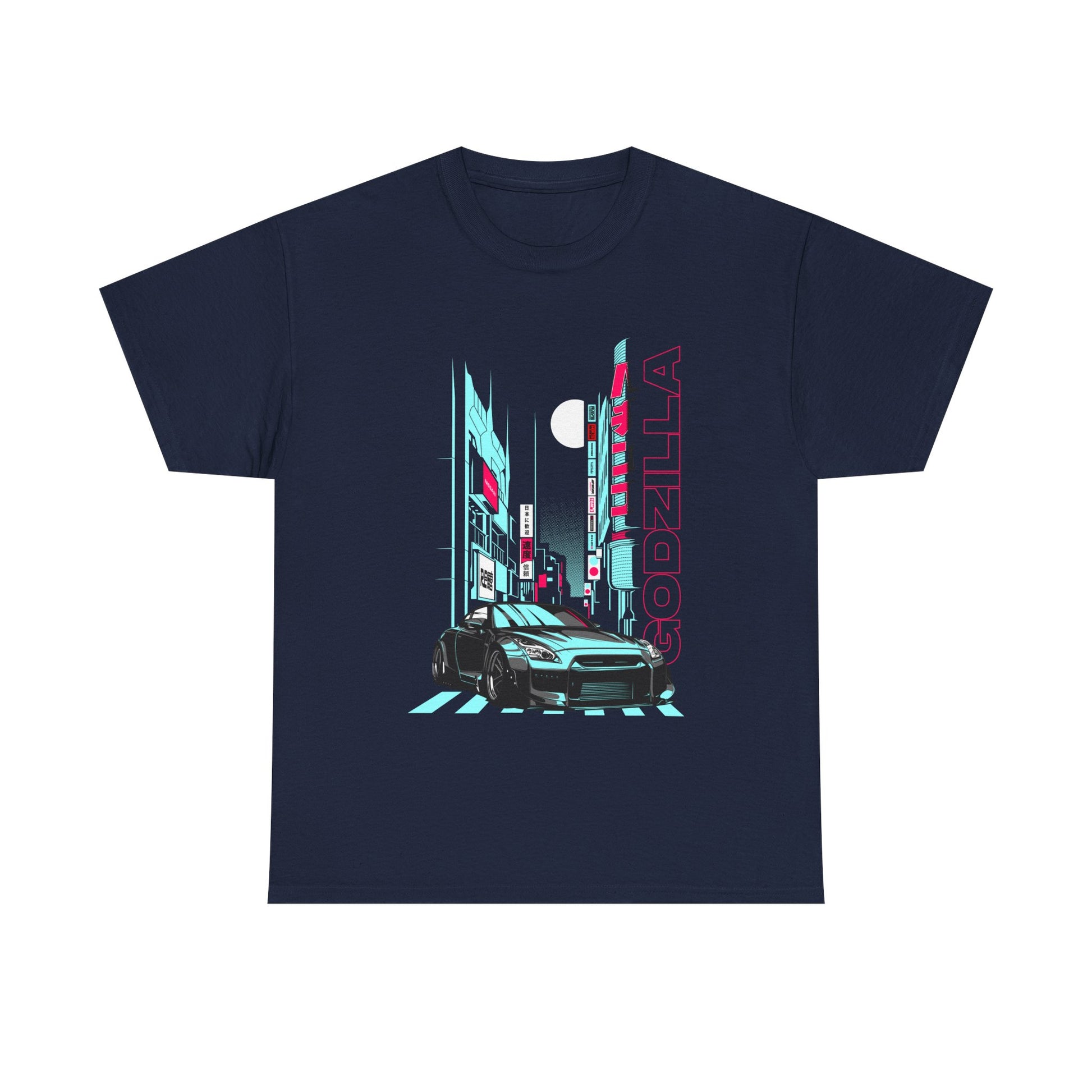 Trendy men's graphic T-shirt featuring a striking Godzilla city scene and a sleek sports car design in a navy blue hue, ideal for urban style aficionados.