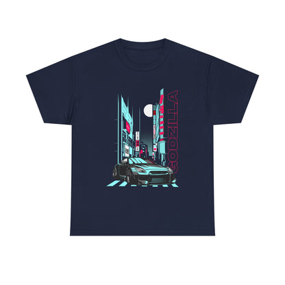 Trendy men's graphic T-shirt featuring a striking Godzilla city scene and a sleek sports car design in a navy blue hue, ideal for urban style aficionados.