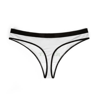 Chic white thong with subtle branding, elegantly displaying 'TREAT YOUR GIRL RIGHT' in green with black detailing for a touch of modern luxury.
