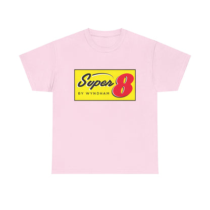 Super 8 Retro Logo Unisex Graphic Tee in pink, elegantly designed to reflect nostalgia while ensuring comfort and fashion for all.