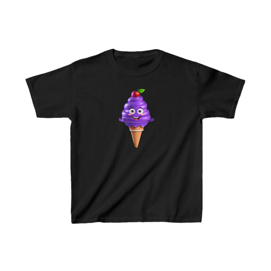 Child's Unisex Delighted Ice Cream Graphic Cotton Tee in black colour, showcasing a whimsical purple ice cream character with a cherry, ideal for fashionable children who love comfort and creativity.