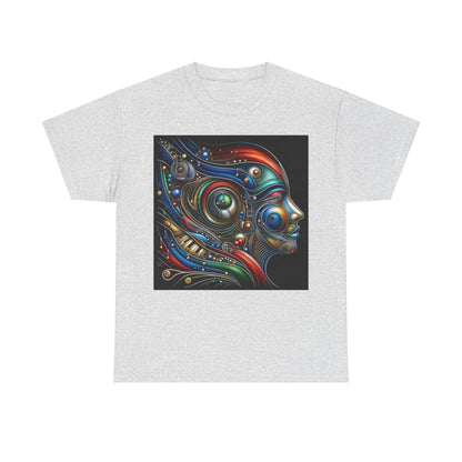 Stained Glass Dreams Unisex T-Shirt featuring a vibrant and intricate graphic design of a human face, showcasing elements of colour and abstract art, perfect for a luxurious fashion statement.