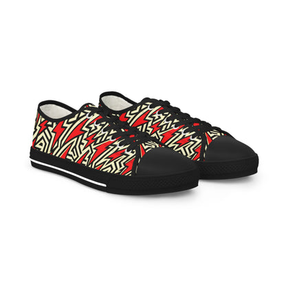 Electra Thunderbolt Men's Lowtop Sneakers by Dazzling Dreams Studio featuring a luxurious beige canvas upper with bold red pop art lightning bolt design, ideal for stylish casual wear.