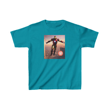 Kids Iron Man Heavy Cotton T-Shirt featuring a heroic Iron Man graphic, combining luxury and playful design for kids.