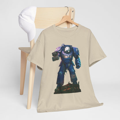 Sophisticated beige graphic T-shirt featuring a striking design of a heroic figure from the sci-fi universe, elegantly displayed on a wooden hanger next to a chic white cap.