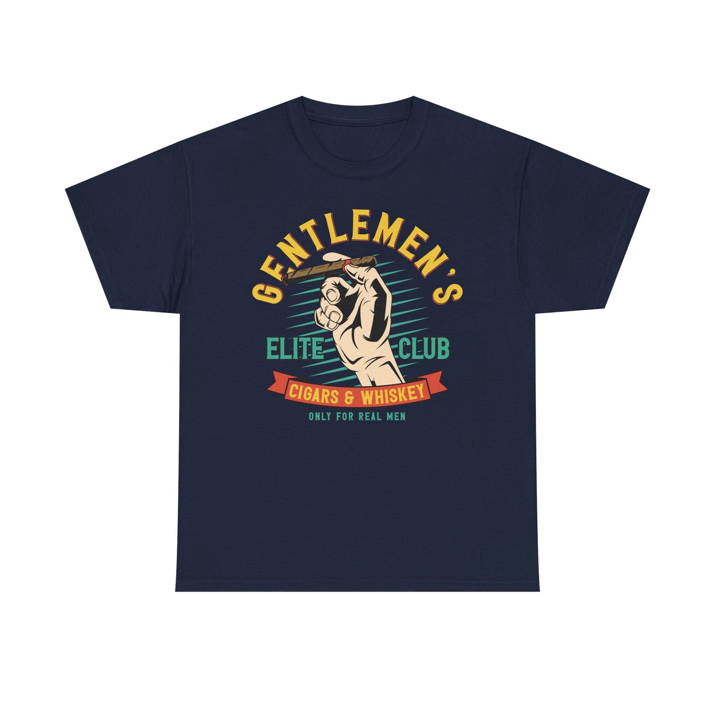Elite Club Men's T-Shirt in navy featuring a luxurious graphic design with a hand gripping a cigar, accompanied by the text 'GENTLEMEN'S ELITE CLUB CIGARS & WHISKEY ONLY FOR REAL MEN', ideal for the modern gentleman.