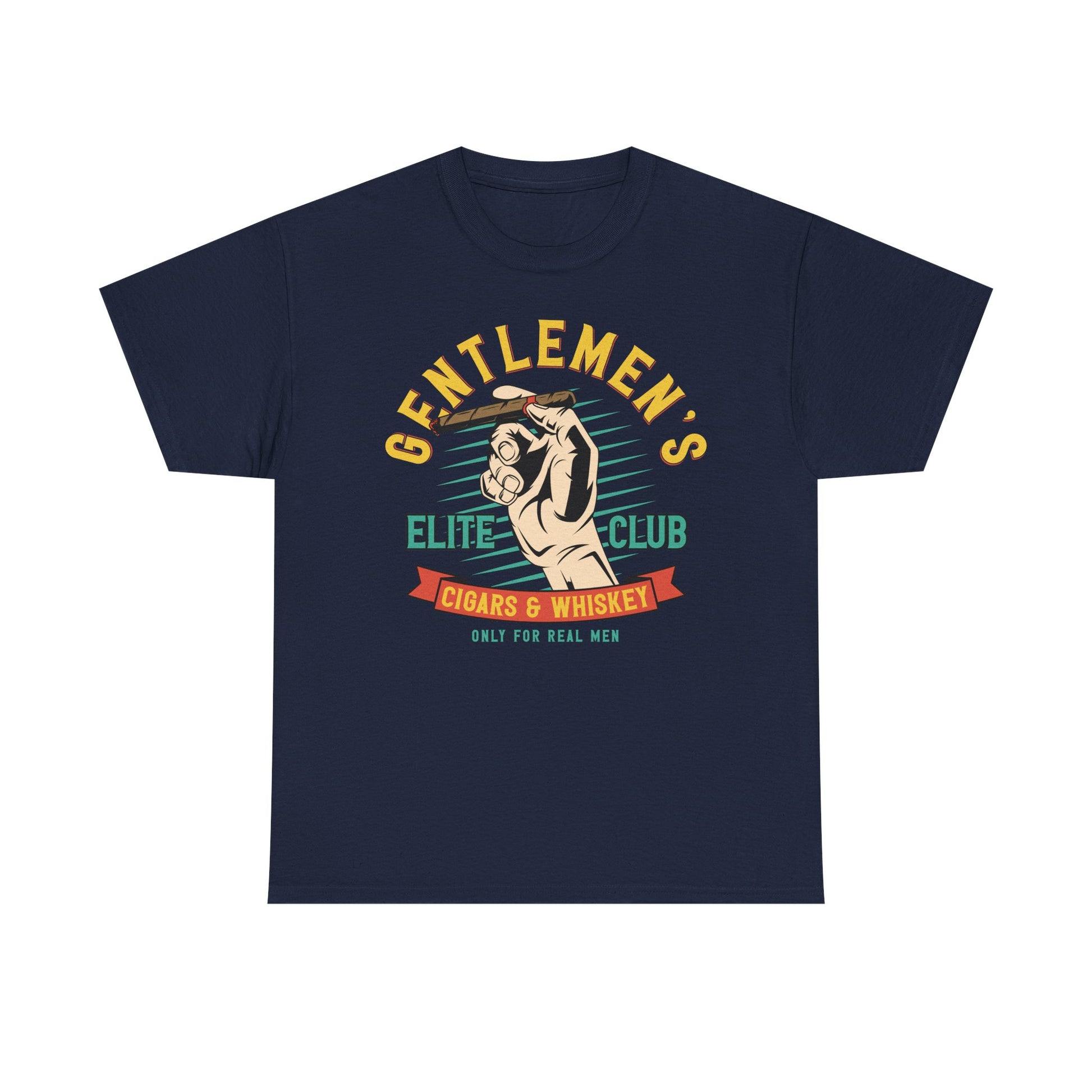 Elite Club Men's T-Shirt in navy featuring a luxurious graphic design with a hand gripping a cigar, accompanied by the text 'GENTLEMEN'S ELITE CLUB CIGARS & WHISKEY ONLY FOR REAL MEN', ideal for the modern gentleman.