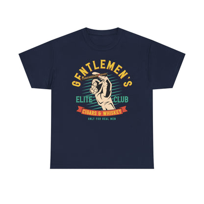 Elite Club Men's T-Shirt in navy featuring a luxurious graphic design with a hand gripping a cigar, accompanied by the text 'GENTLEMEN'S ELITE CLUB CIGARS & WHISKEY ONLY FOR REAL MEN', ideal for the modern gentleman.