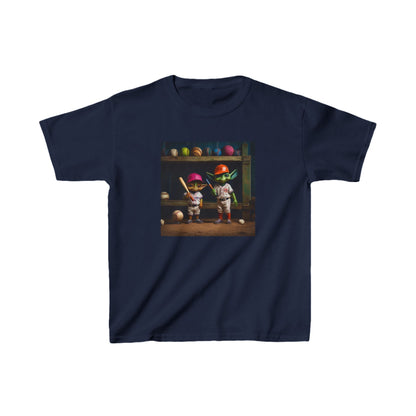 Kids Cute Alien Heavy Cotton T-Shirt featuring charming alien characters in vibrant baseball attire, perfect for stylish young explorers.