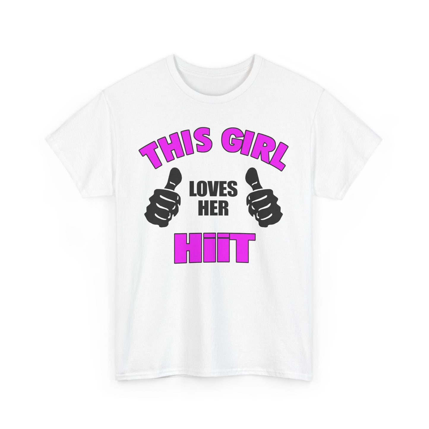Sophisticated close-up of a white luxury t-shirt displaying the motivational text 'THIS GIRL LOVES HER HIIT', enhanced by modern black and pink typography, ideal for fitness aficionados.
