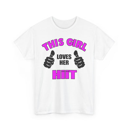 Sophisticated close-up of a white luxury t-shirt displaying the motivational text 'THIS GIRL LOVES HER HIIT', enhanced by modern black and pink typography, ideal for fitness aficionados.