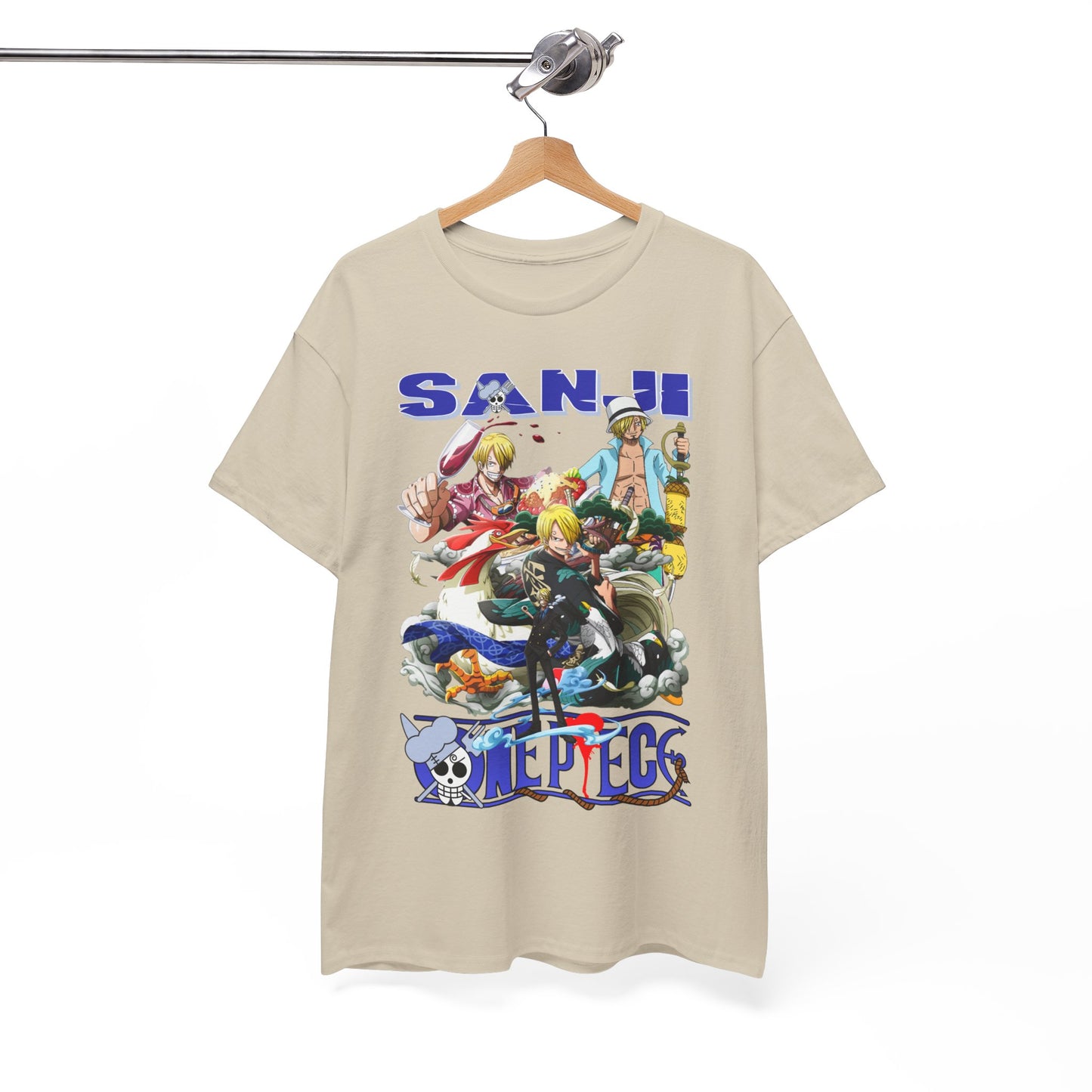 Exquisite Sanji graphic t-shirt displayed on a hanger, highlighting the stylish design and luxurious fabric, perfect for anime aficionados.