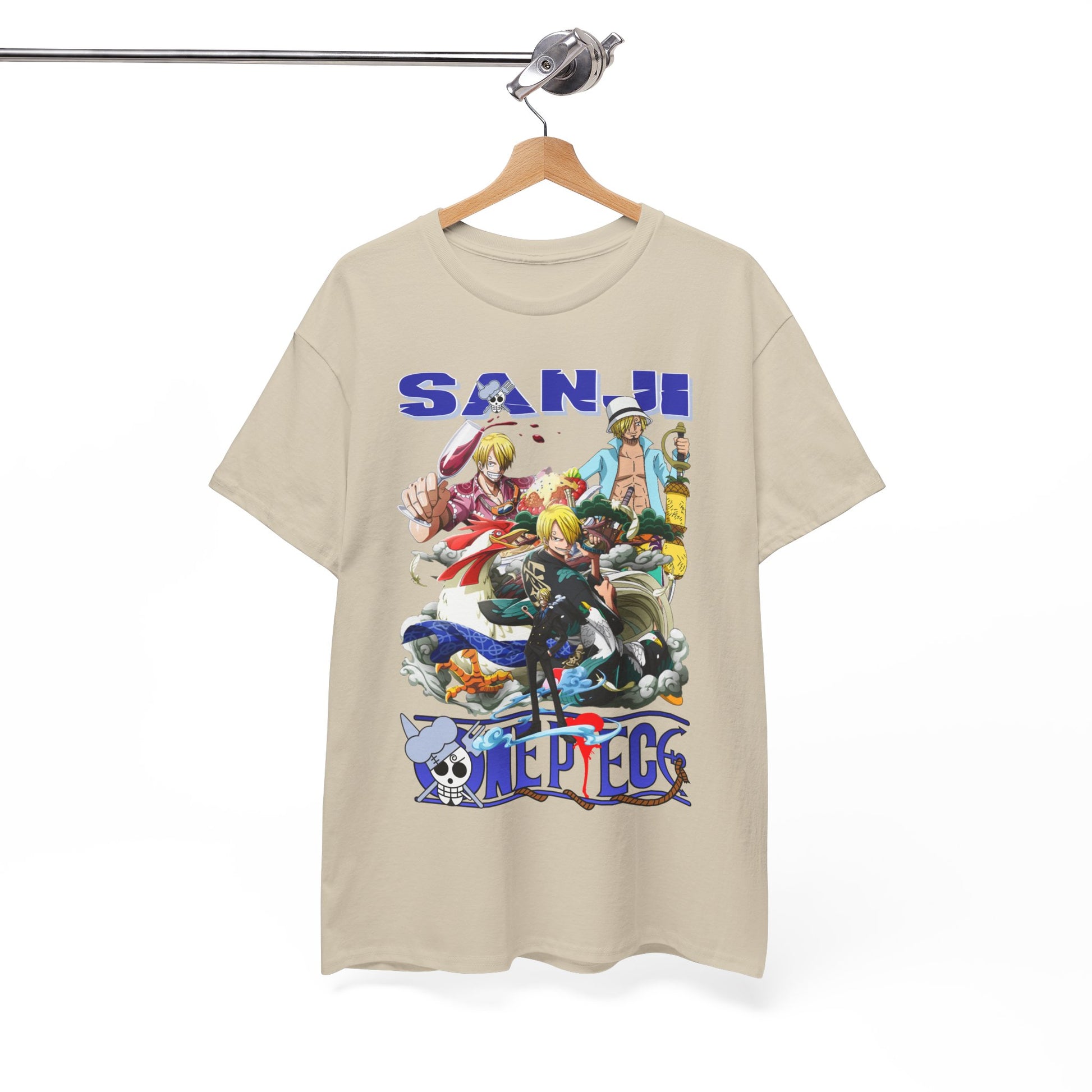 Exquisite Sanji graphic t-shirt displayed on a hanger, highlighting the stylish design and luxurious fabric, perfect for anime aficionados.
