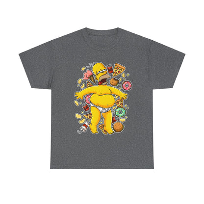 Homer's Gluttonous Glory Unisex Cotton Tee with a delightful illustration of Homer Simpson and a variety of snacks, showcased on a rich dark grey fabric.