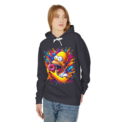 Model wearing the Unisex Urban Homer’s Hungry Delight Graphic Lightweight Hooded Sweatshirt in dark colour, depicting the iconic Homer Simpson surrounded by colourful splashes.