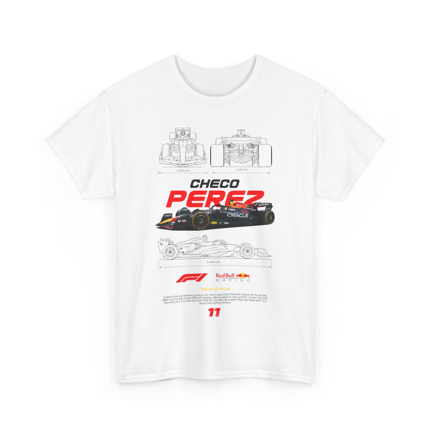 Chic white men's t-shirt displaying an impressive graphic of a Formula 1 car and the name 'CHECO PEREZ' in vibrant red, designed for the passionate motorsport lover who appreciates style.