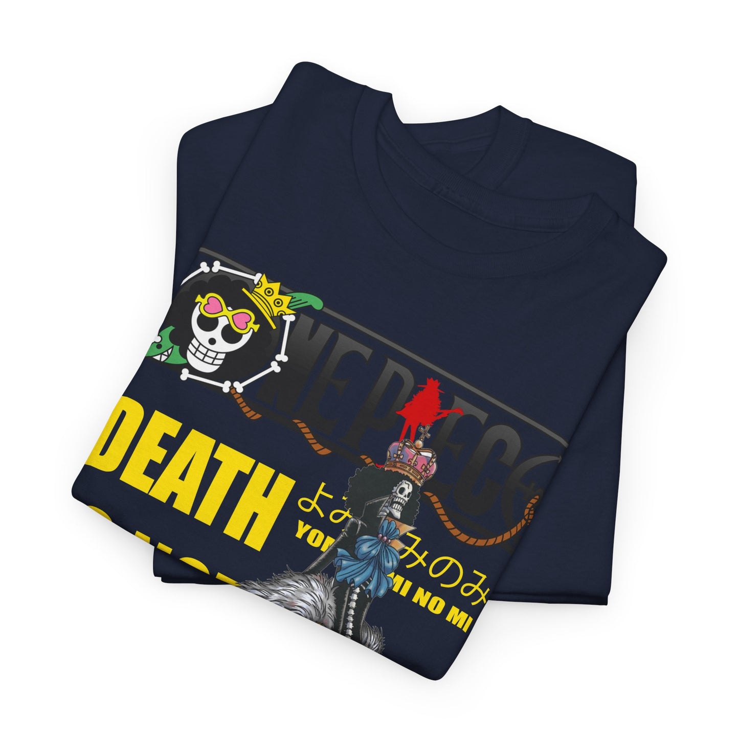 Luxurious navy blue graphic tee featuring vibrant anime designs, showcasing intricate illustrations and bold text for avid anime fans.