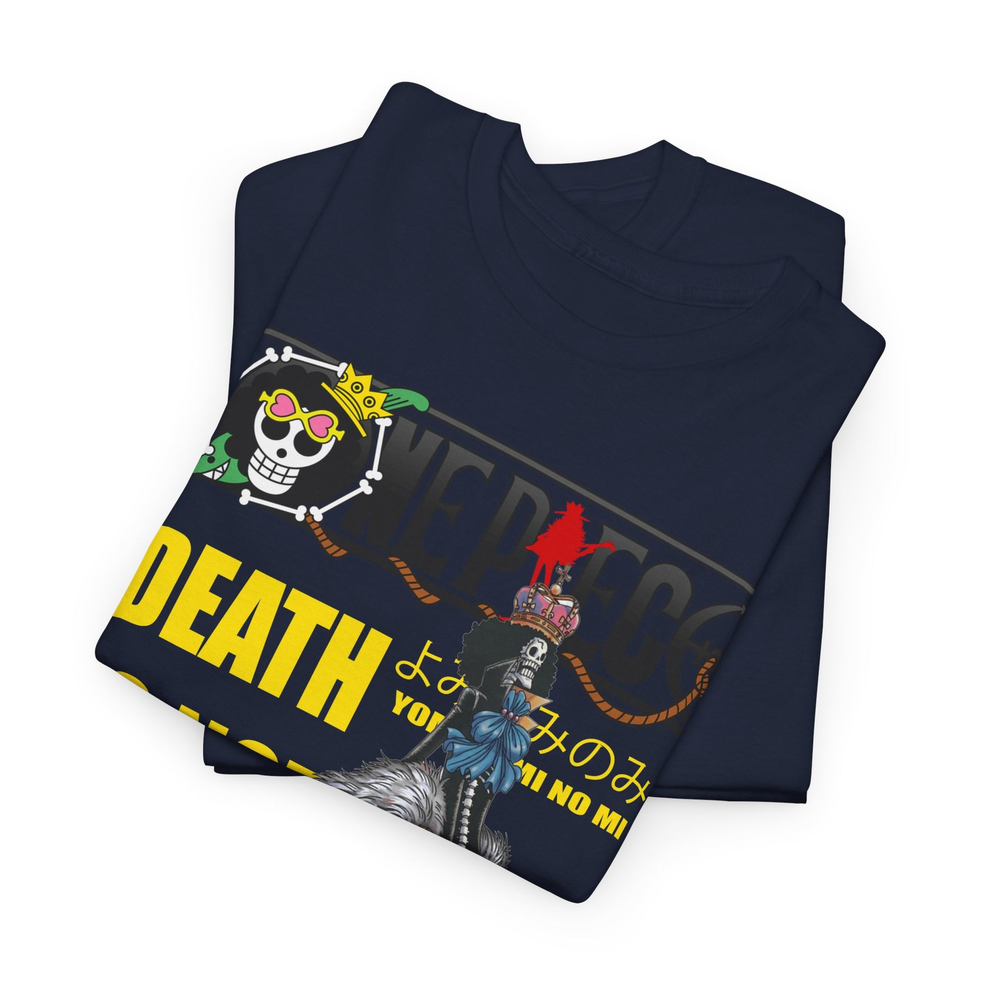 Luxurious navy blue graphic tee featuring vibrant anime designs, showcasing intricate illustrations and bold text for avid anime fans.