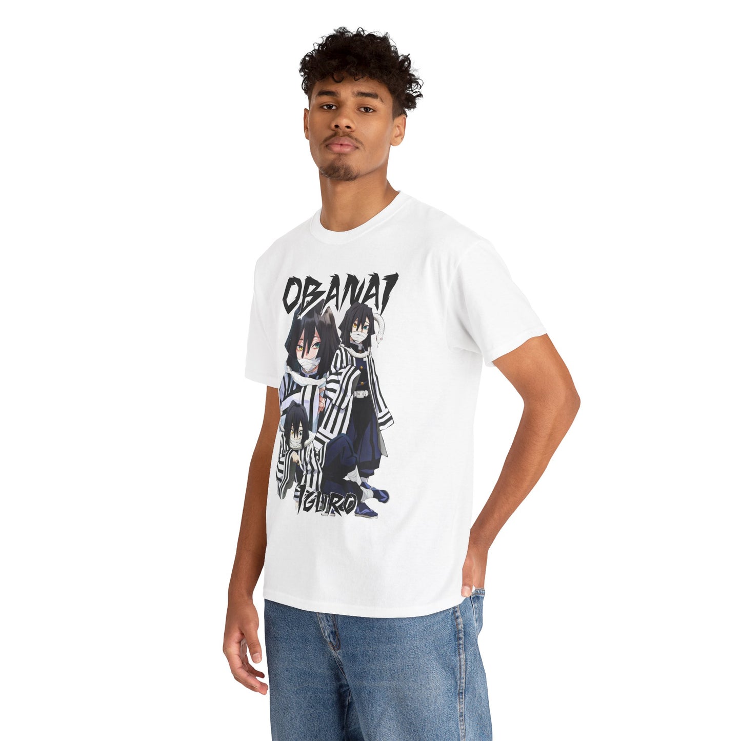 Model wearing the Obanai Iguro T-shirt, featuring dynamic anime artwork, exuding modern elegance in casual fashion.