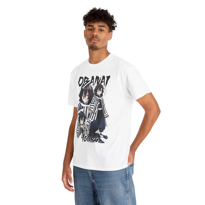 Model wearing the Obanai Iguro T-shirt, featuring dynamic anime artwork, exuding modern elegance in casual fashion.