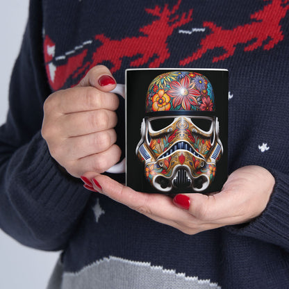 Artistic Floral Stormtrooper Mug being held by a person in a festive knit sweater, highlighting its artistic floral design, ideal for unique office decor.