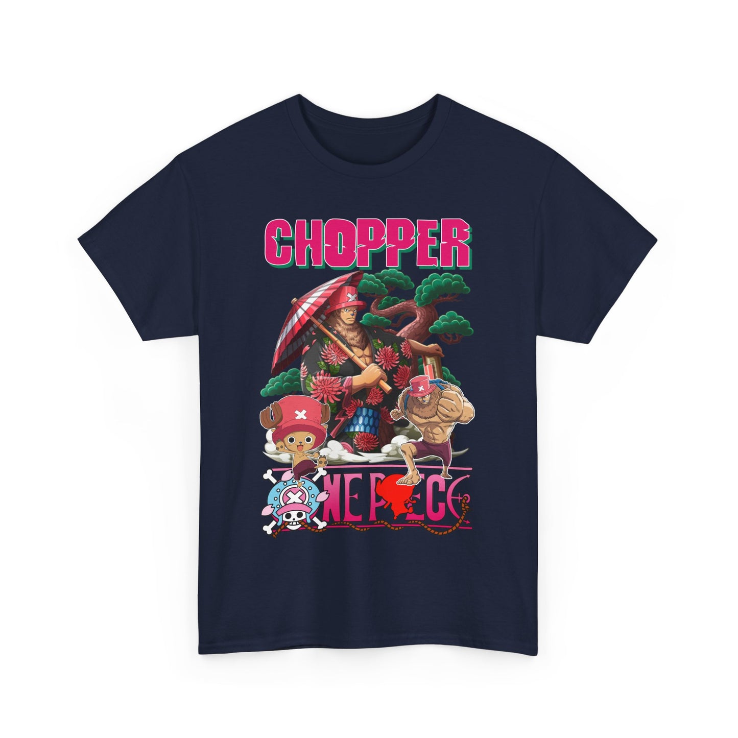 Exquisite men's graphic t-shirt in navy, displaying an artistic depiction of Chopper, blending anime culture with fashion.