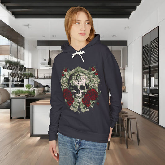 Unisex Lightweight Hooded Sweatshirt with a striking skull and roses graphic, showcased by a model in a chic kitchen setting.
