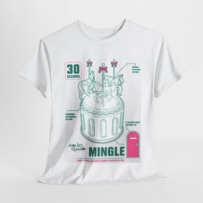 Elegant white graphic t-shirt featuring a whimsical carousel design inspired by Squid Game, showcasing intricate horse details and playful elements, perfect for urban street style.