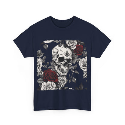 Skulls and Roses Cotton Tee featuring an intricate steampunk skull and rose design, perfect for those with an appreciation for alternative fashion.