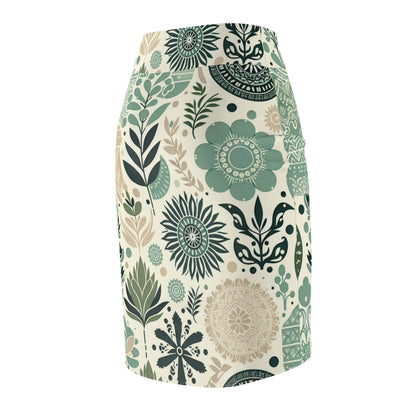 Woman styling the Leilani Beaumont Pastel Green Pencil Skirt by Dazzling Dreams Studio, wearing it with a tailored blouse for a chic and sophisticated look.