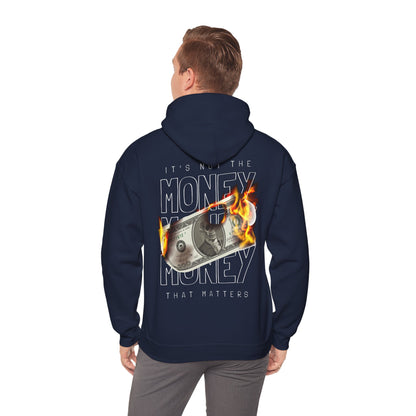 Luxury bold back print hoodie featuring the striking 'IT'S NOT THE MONEY' graphic design, showcasing a flaming US dollar bill and edgy slogan that captivates attention.