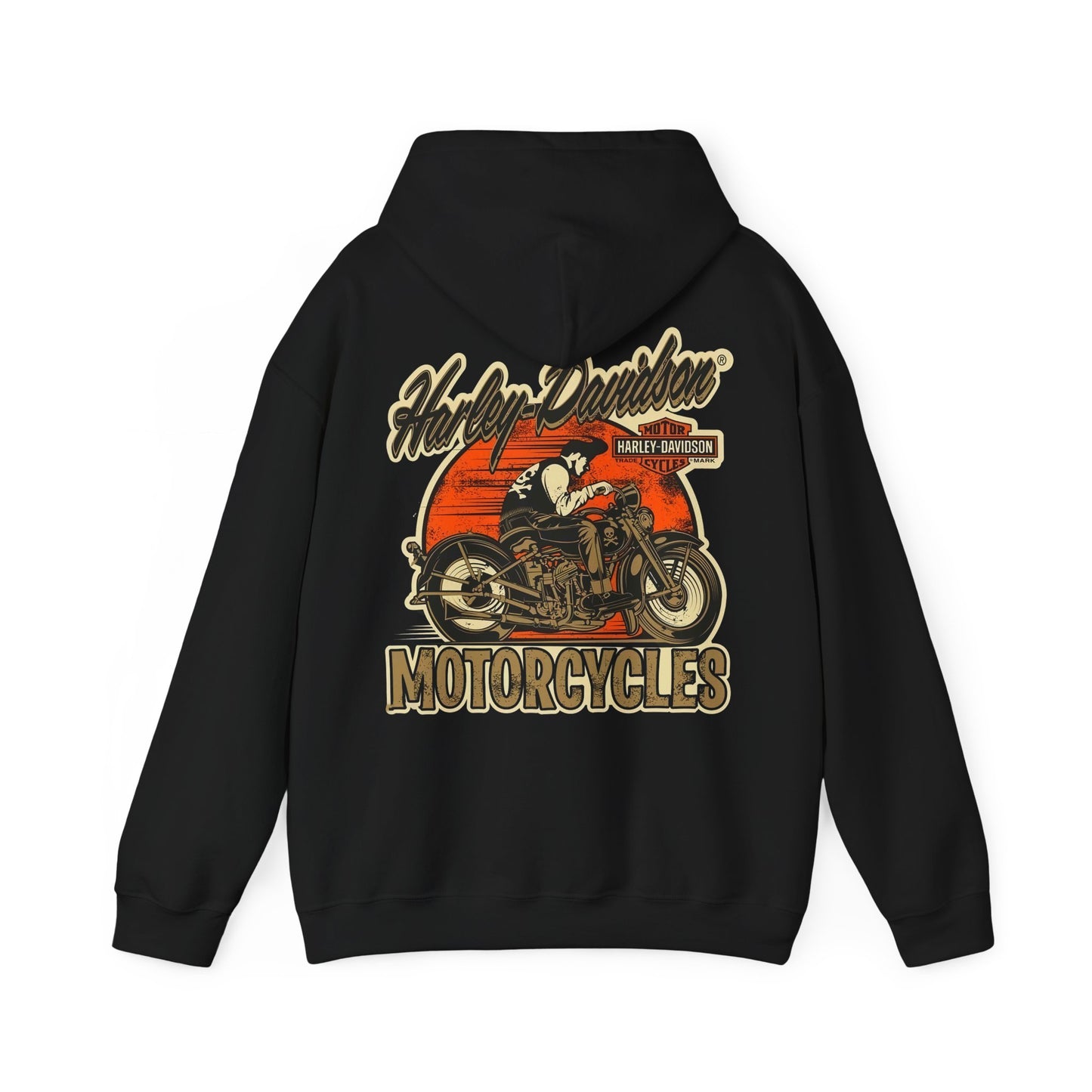 Luxurious black vintage Harley-Davidson hoodie featuring a bold motorcycle graphic and stylish "MOTORCYCLES" text on the back, perfect for motorcycle enthusiasts.