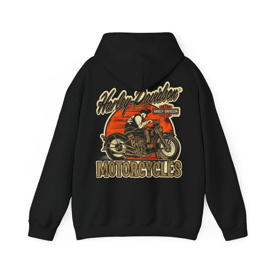 Luxurious black vintage Harley-Davidson hoodie featuring a bold motorcycle graphic and stylish "MOTORCYCLES" text on the back, perfect for motorcycle enthusiasts.