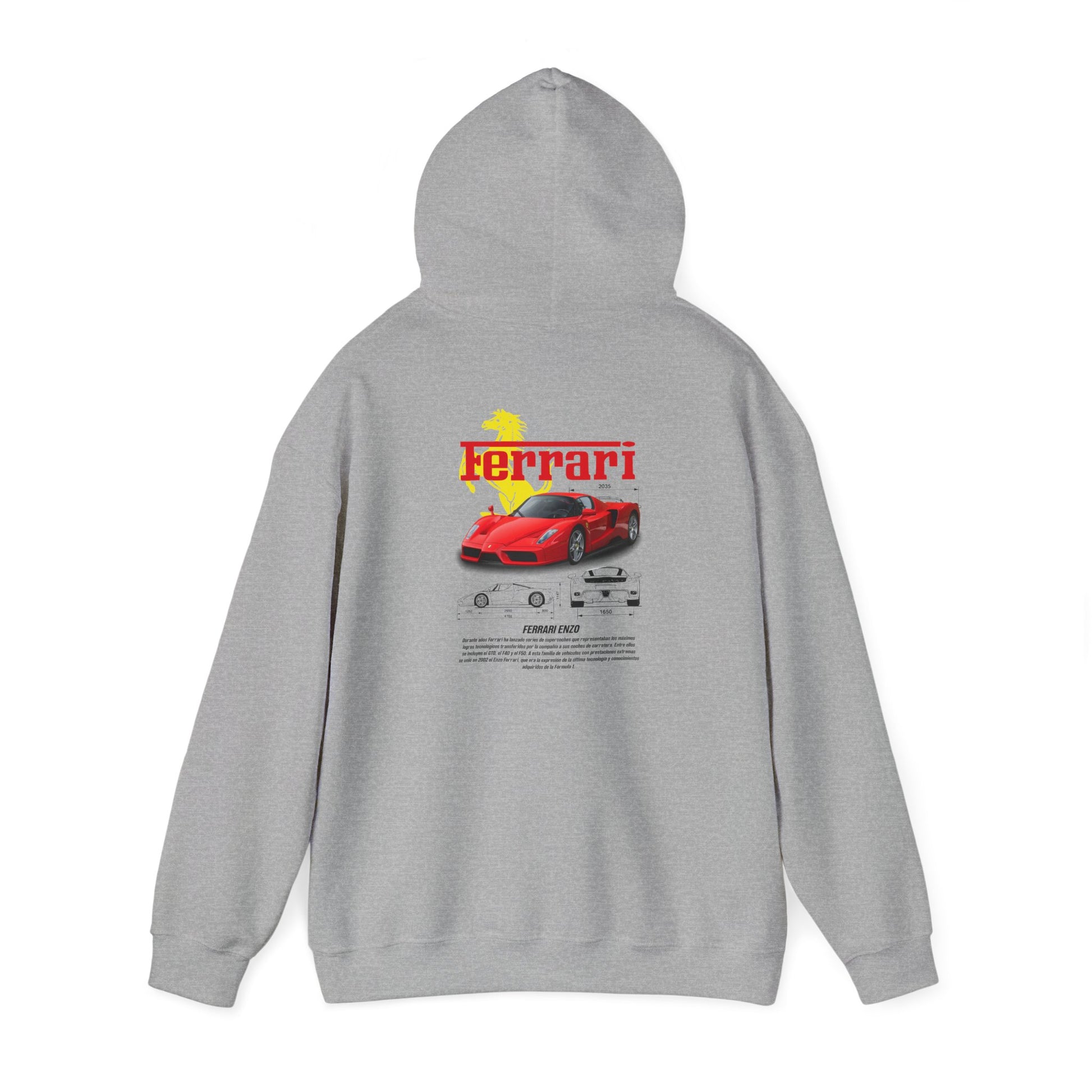 Sophisticated grey hoodie with a captivating Ferrari Enzo graphic on the back, combining style and automotive passion.