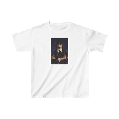 Child's 'Wednesday': Embrace the Dark Elegance! Graphic Unisex Tee Shirt displaying a refined design of a young girl in a sophisticated gothic attire, exuding mystery and allure.