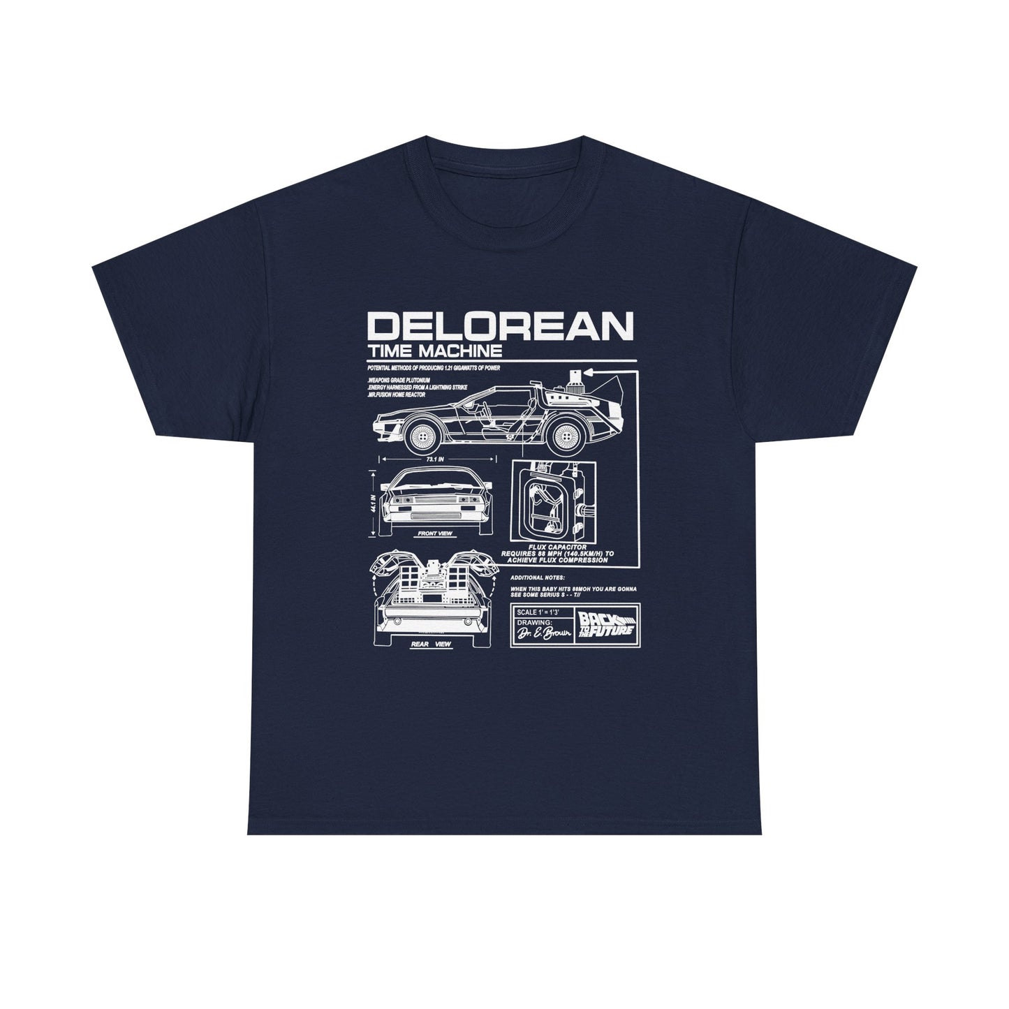 Stylish men's navy t-shirt featuring a detailed blueprint of the iconic DeLorean time machine from Back to the Future, perfect for showcasing a love for classic cinema.